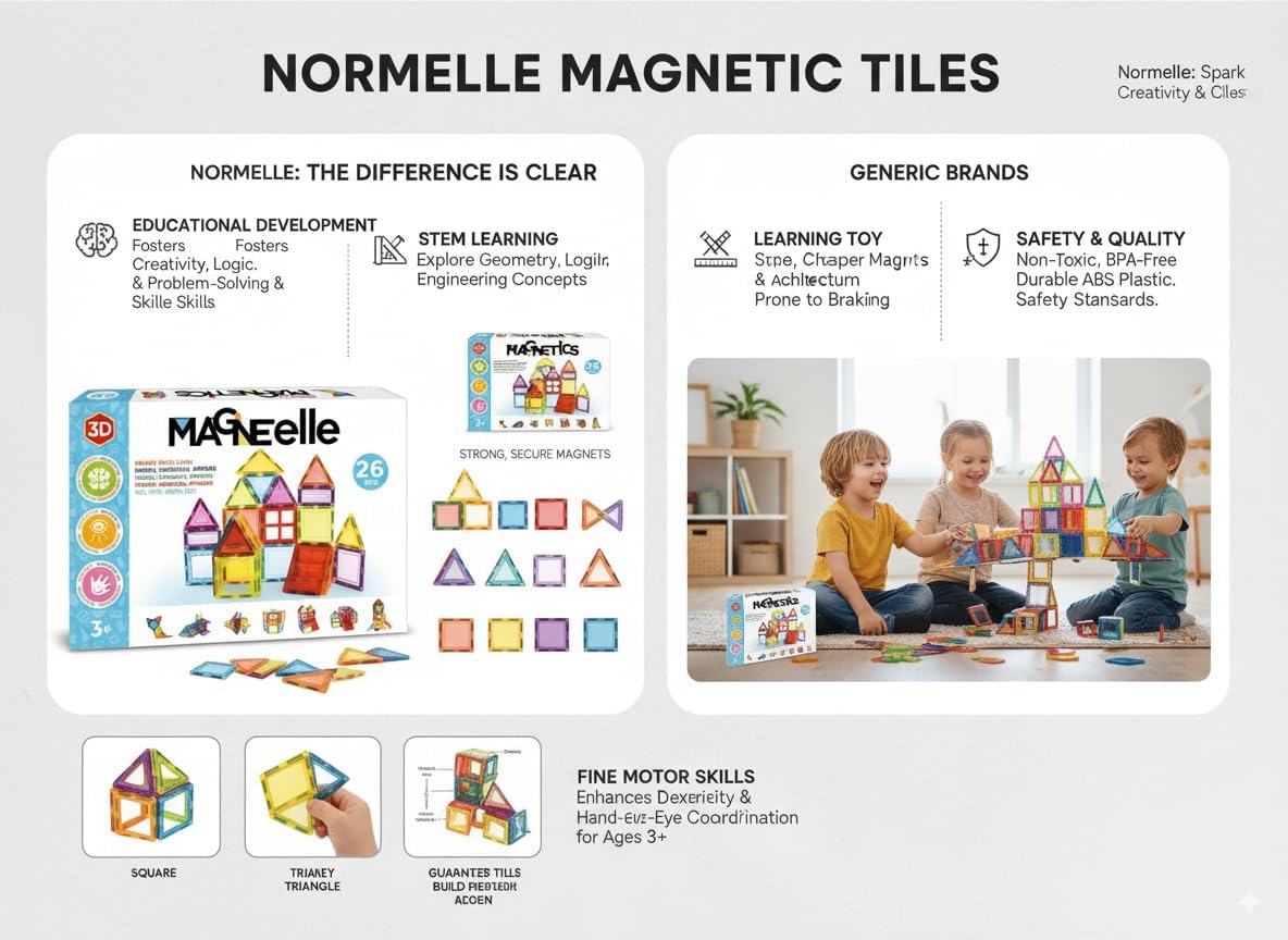 Normelle Magnetic Tiles Building Blocks – 26 PCS STEM Toys for Kids | Educational Magnet Puzzle Set
